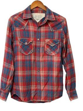 Ryan Michael Men's Western Shirt Red Blue Plaid Snap Pockets 100% Cotton Size S